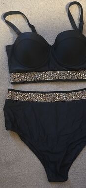 Black Women's High-Waist Bikini with Gold/silver Accent